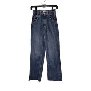 ZARA‎ Wide Leg Jeans Size 0 Blue Denim High Rise Raw Hem